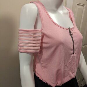 pink short sleeve shirt with cold shoulders and half zip up size small